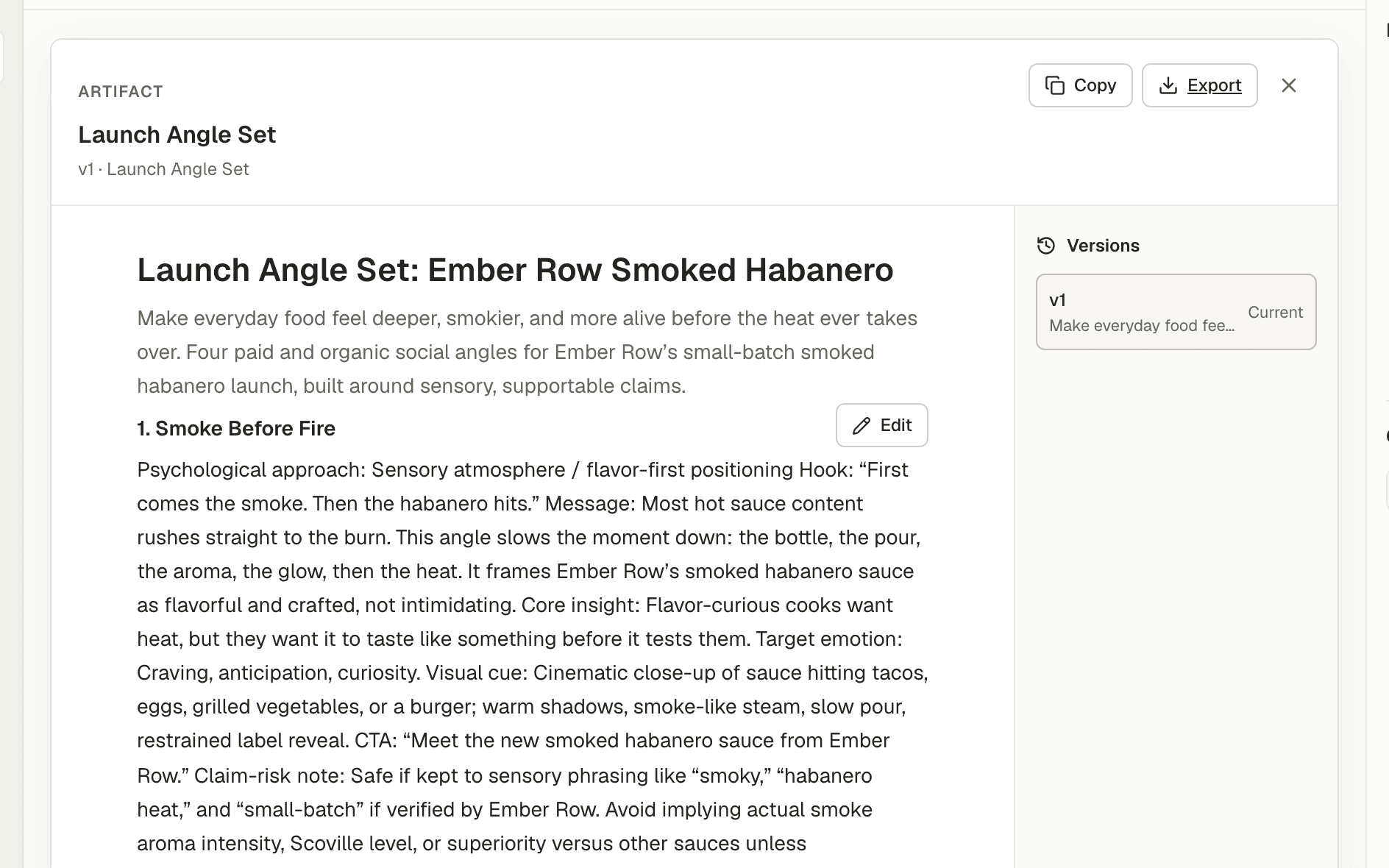 Launch angle set open in the Creavero artifact workspace